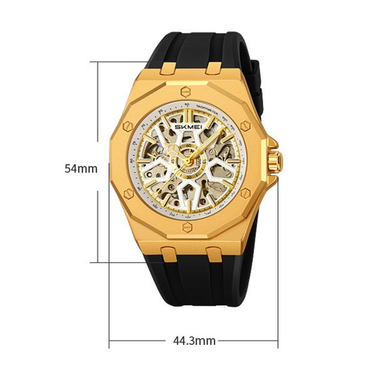 Gold skeleton dial mechanical wristwatch with black silicone strap, stainless steel case