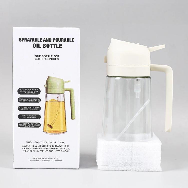 Clear white sprayer oil bottle with handle and clear glass body for cooking oil mist