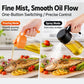 Orange and black oil sprayer bottles spraying fine mist onto grilled food