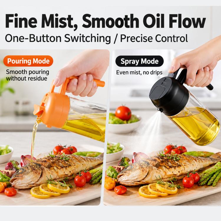Orange and black oil sprayer bottles spraying fine mist onto grilled food