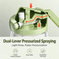 Green pressurized oil sprayer bottle with visible dual-lever internal mechanism