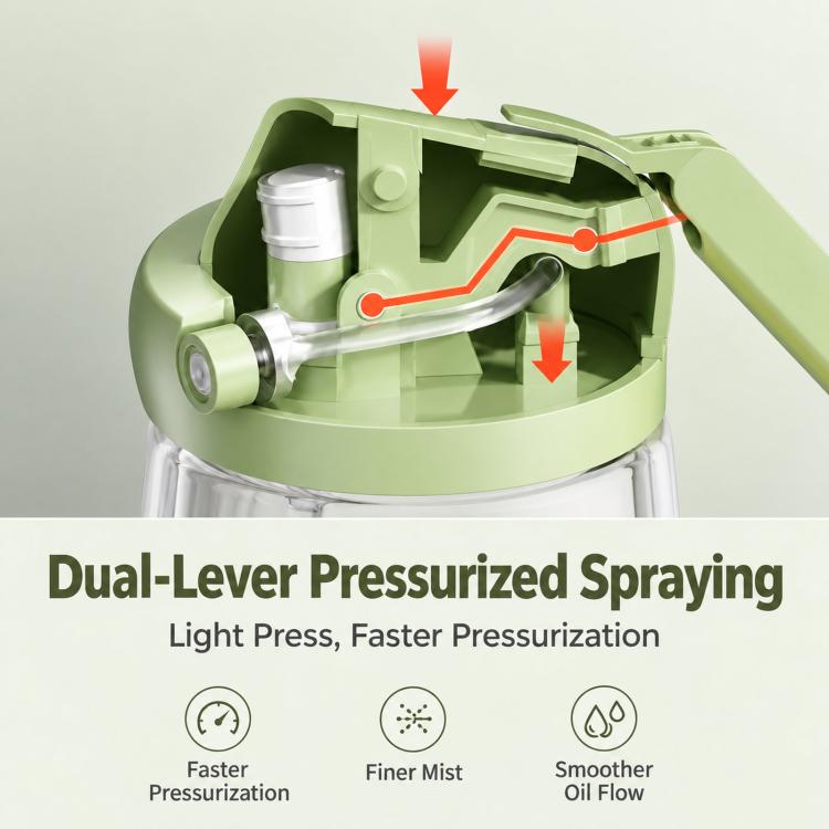 Green pressurized oil sprayer bottle with visible dual-lever internal mechanism
