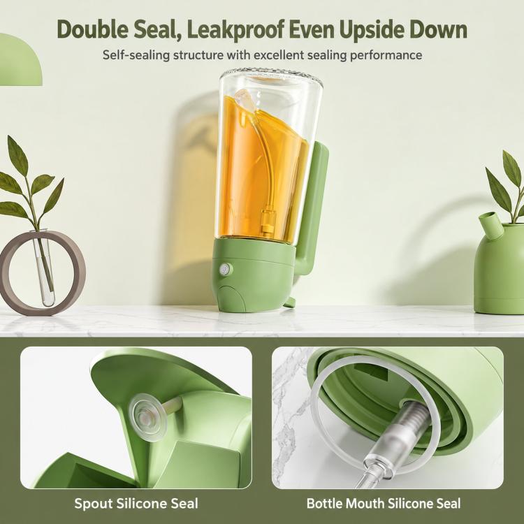 2-in-1 oil sprayer and dispenser bottle, clear glass with light green handle