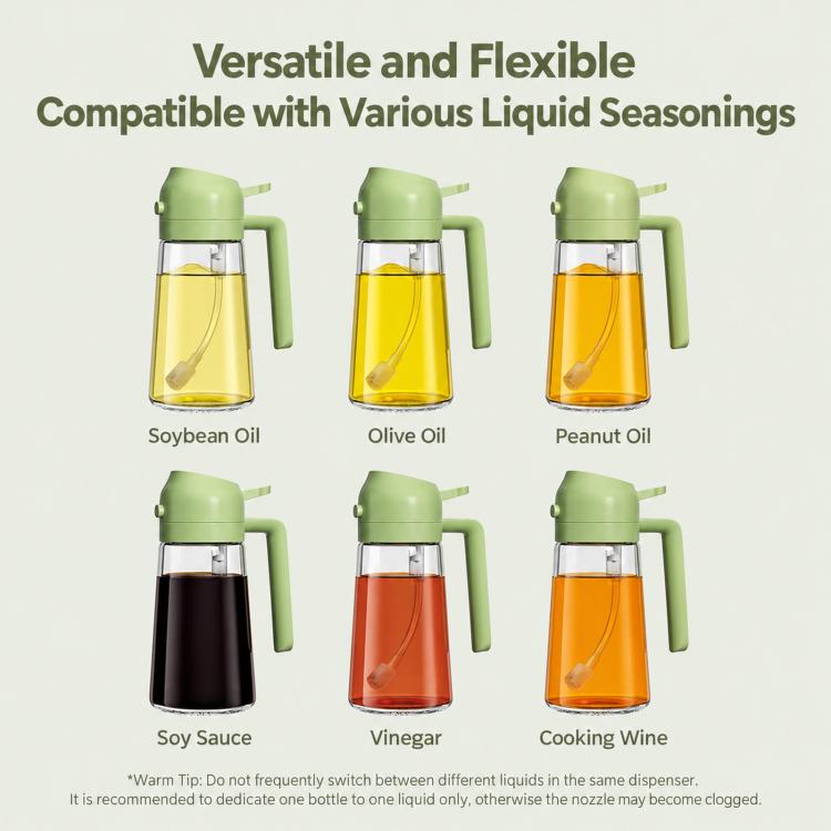 Clear glass oil mister bottles with light green pump and spray handle