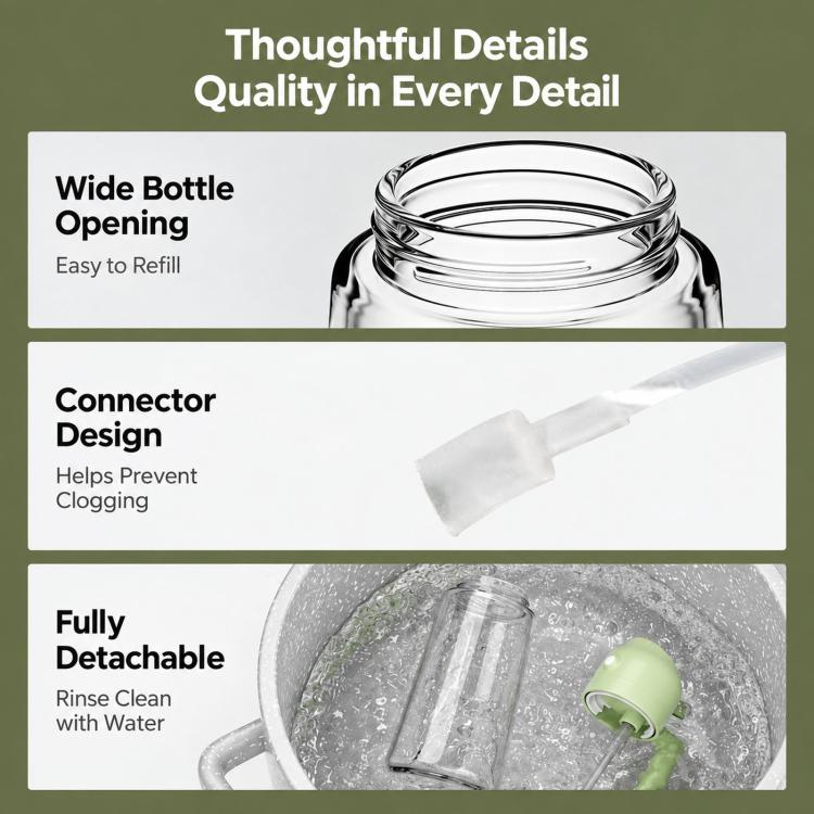 Clear glass oil dispenser bottle with light green pump and detachable mist nozzle