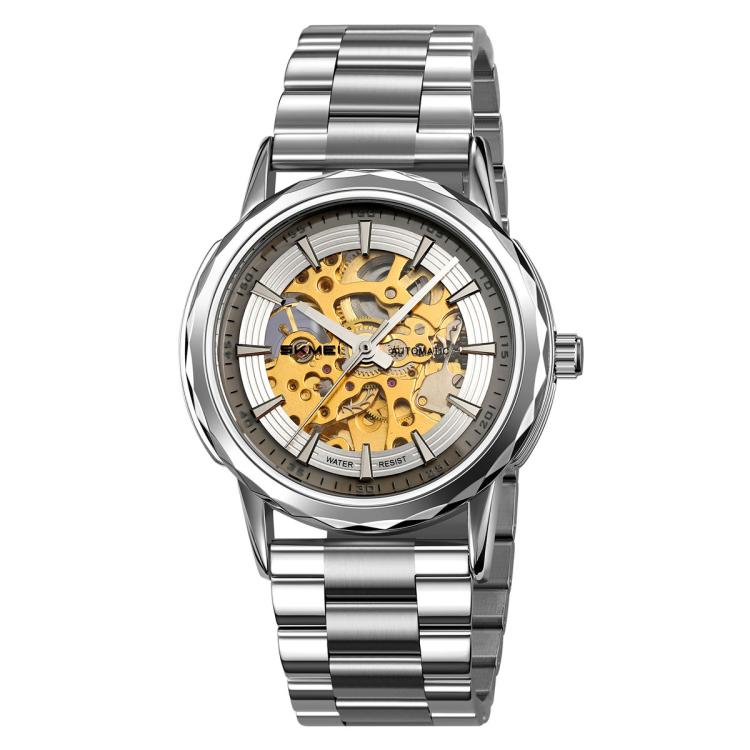 Silver-tone skeleton automatic watch with silver stainless-steel bracelet