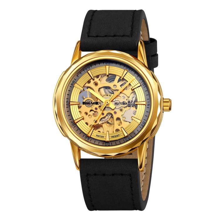 Gold-tone skeleton automatic watch with black leather strap