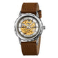 Silver-tone skeleton automatic watch with dark brown leather strap