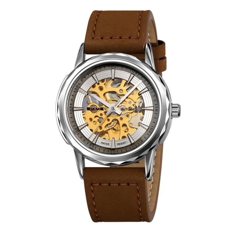 Silver-tone skeleton automatic watch with dark brown leather strap