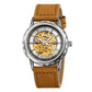 Silver-tone skeleton automatic watch with light brown leather strap