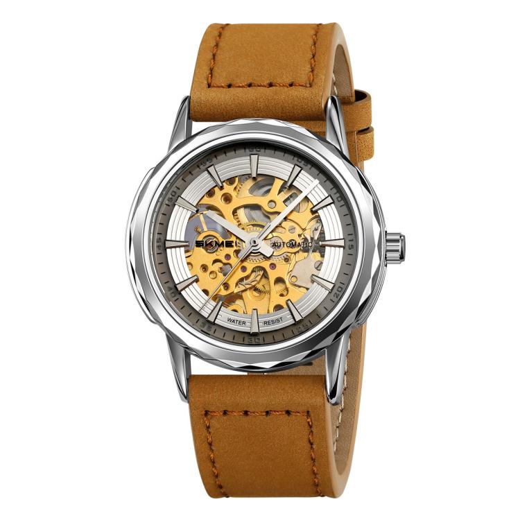 Silver-tone skeleton automatic watch with light brown leather strap