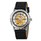 Silver-tone skeleton automatic watch with black leather strap