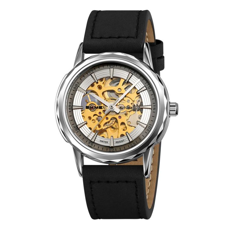 Silver-tone skeleton automatic watch with black leather strap