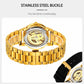 Gold skeleton watch with stainless-steel band and clasp