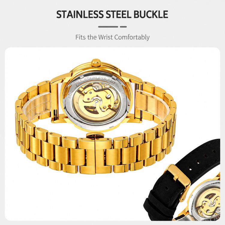Gold skeleton watch with stainless-steel band and clasp