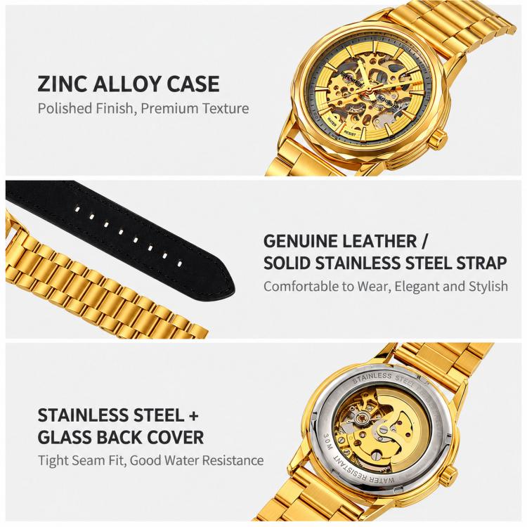 Gold skeleton mechanical watch with gold stainless steel bracelet and see-through dial