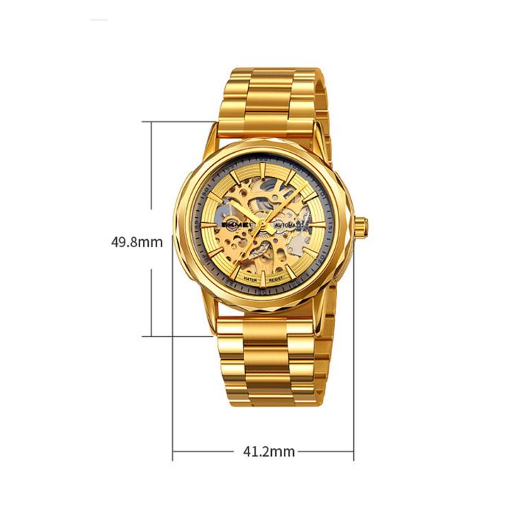 Gold skeleton mechanical wristwatch with gold metal bracelet, round watch face
