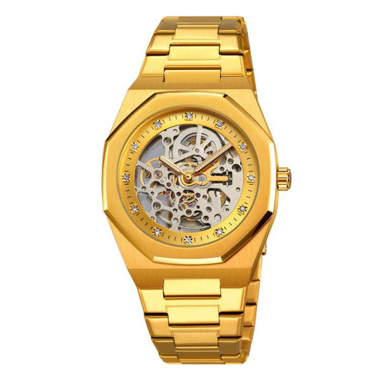Gold octagonal skeleton automatic watch with stainless steel bracelet and exposed gears