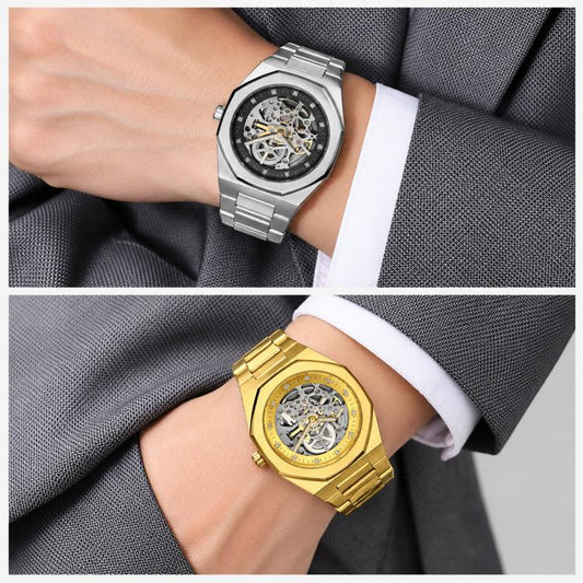 Skeleton automatic watch on wrist, showing silver and gold bracelet styles