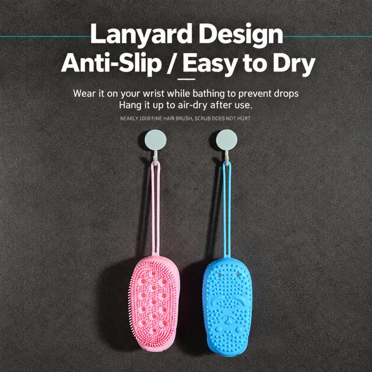 Two hanging oval silicone bath scrubbers with lanyards: pink and blue on display.