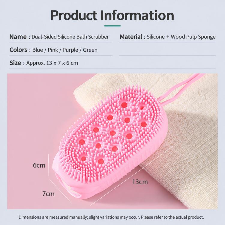 Pink dual-sided bath scrubber with oval silicone bristle side and sponge backing, lanyard loop.