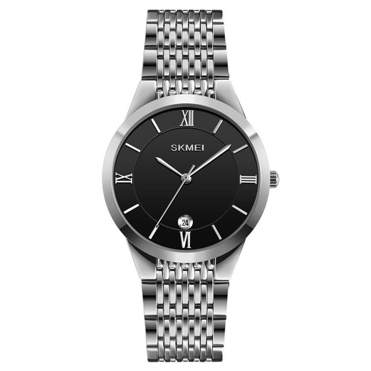 Stainless steel quartz wristwatch with black dial, Roman numerals, and date window