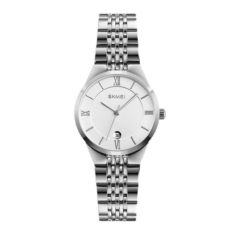 White dial quartz wristwatch with Roman numerals, date window, and metal bracelet band