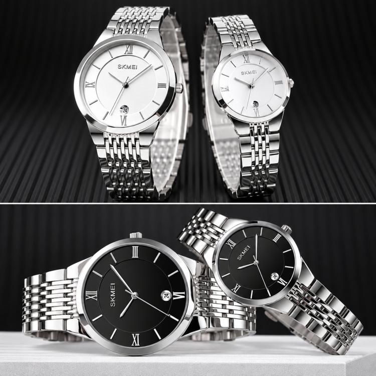 Couple quartz wristwatches with black and white dials, Roman numerals, stainless steel straps