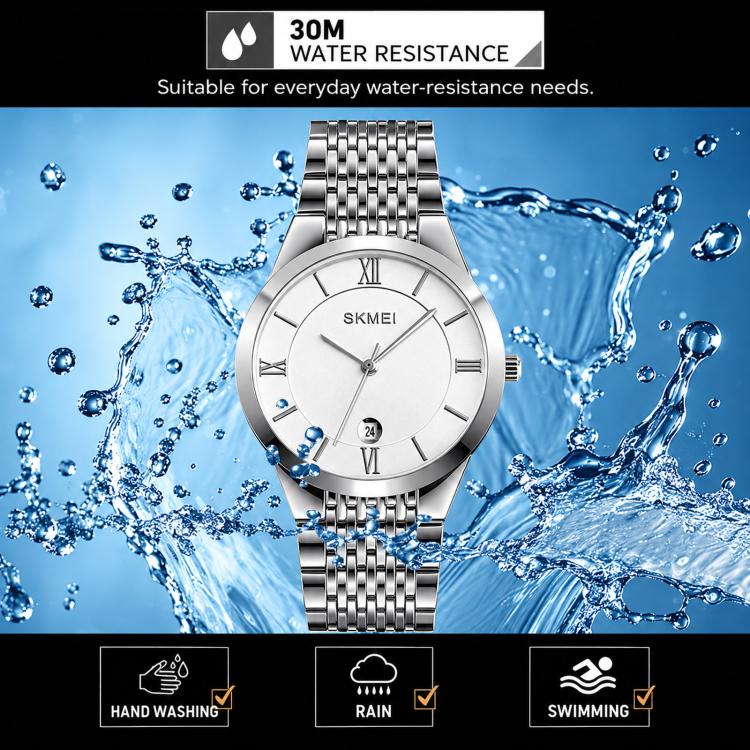 Quartz wristwatch with white dial, Roman numerals, date window, and stainless steel band