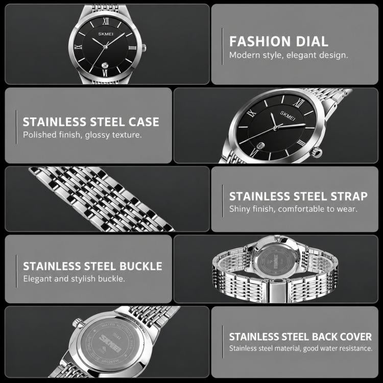 Stainless steel quartz wristwatch with black dial, Roman numerals, and date window