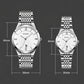 Two stainless steel quartz wristwatches with white dials, Roman numerals, and metal bracelets