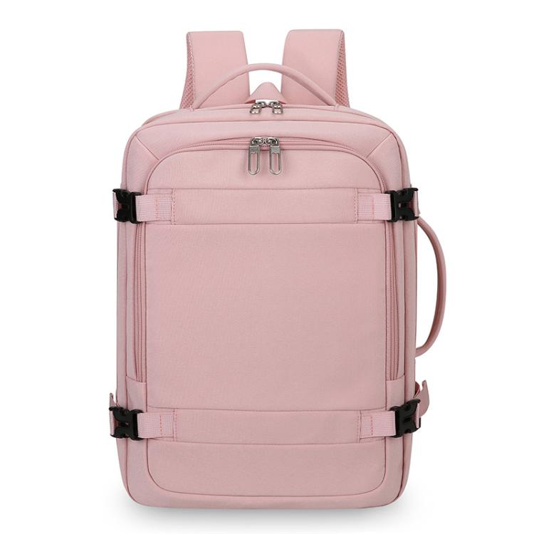 Pink expandable travel backpack with zip front pocket, top handle, and side carry loop.