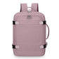Purple expandable travel backpack with zip front pocket, top handle, and side carry loop.
