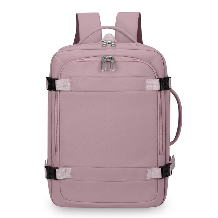 Purple expandable travel backpack with zip front pocket, top handle, and side carry loop.
