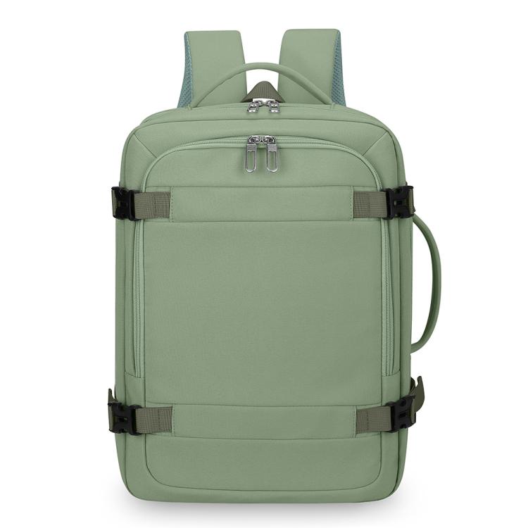 Green expandable travel backpack with zip front pocket, top handle, and side carry loop.