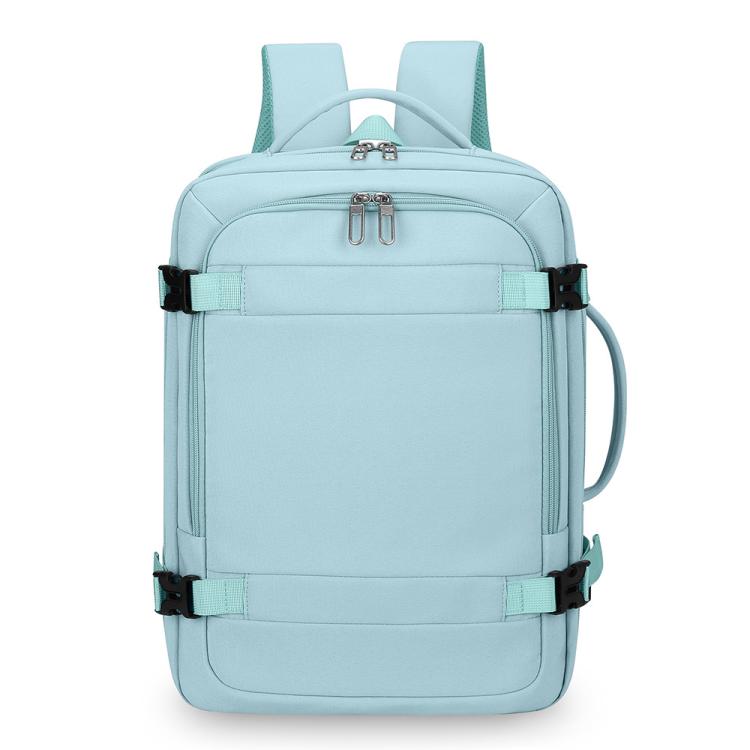 Light blue expandable travel backpack with zip front pocket, top handle, and side carry loop.