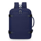 Dark blue expandable travel backpack with zip front pocket, top handle, and side carry loop.