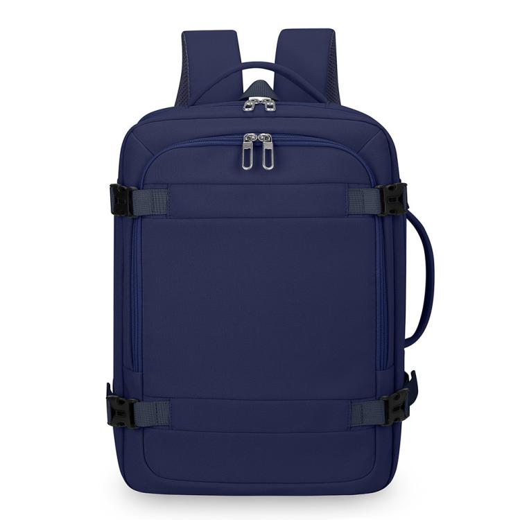 Dark blue expandable travel backpack with zip front pocket, top handle, and side carry loop.