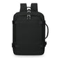 Black expandable travel backpack with zip front pocket, top handle, and side carry loop.