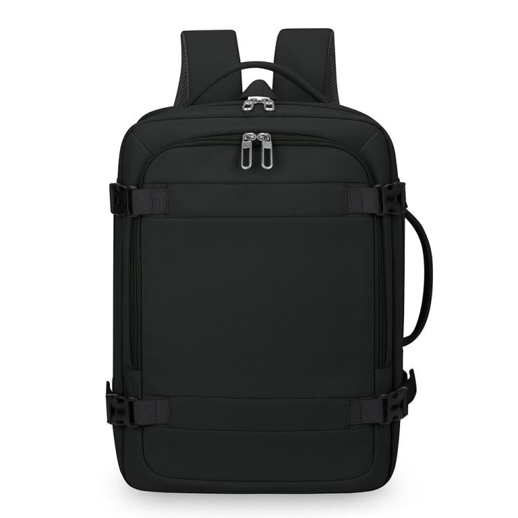 Black expandable travel backpack with zip front pocket, top handle, and side carry loop.