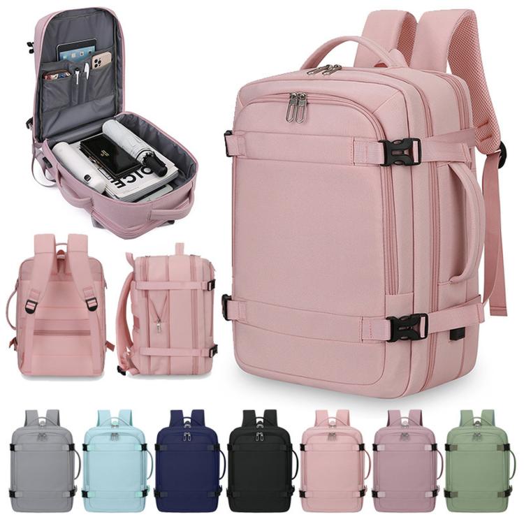 Pink backpack shown open with interior compartments, plus front and back view.