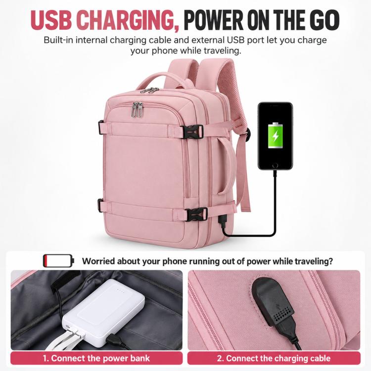 Pink travel backpack with USB charging cable connected to a power bank.