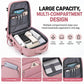 Pink expandable travel backpack, open interior with laptop sleeve and organizer pockets
