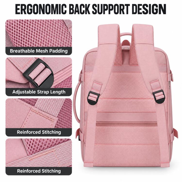 Pink travel backpack with padded back mesh, adjustable shoulder straps, and top handle
