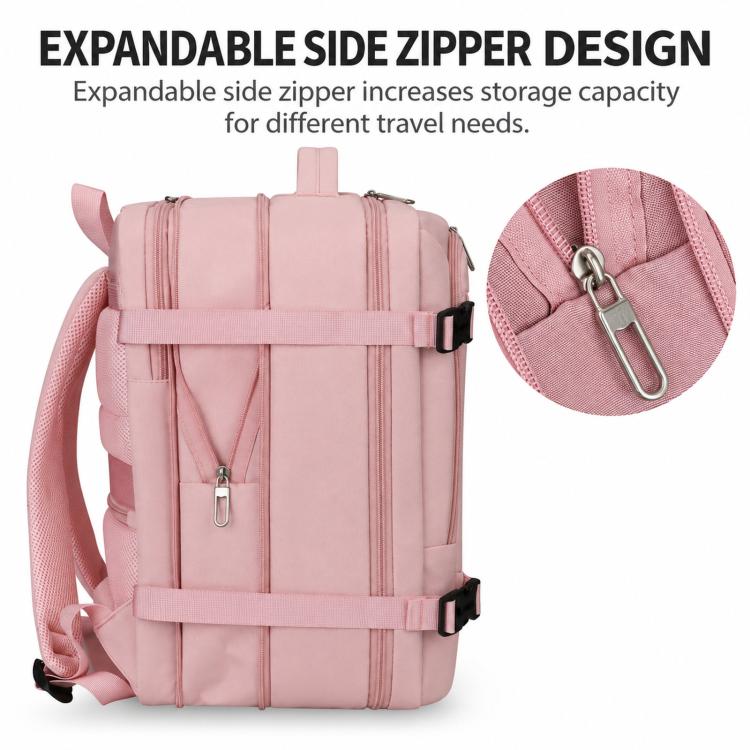 Pink expandable side-zip travel backpack with shoulder straps and front organizer