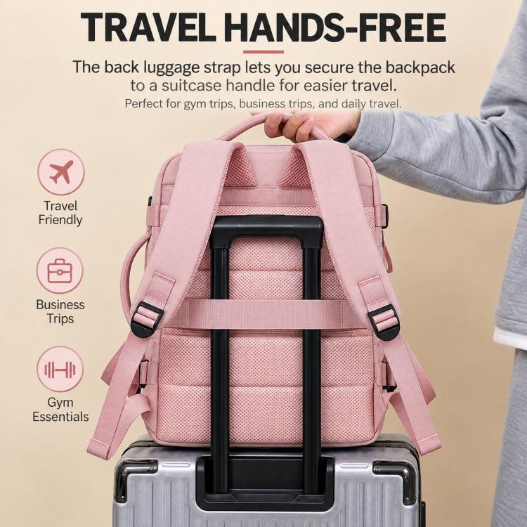 Pink backpack with back luggage strap for hands-free carrying on a suitcase handle