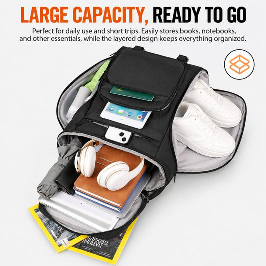 Black gym bag backpack open top with organized compartments and shoe area