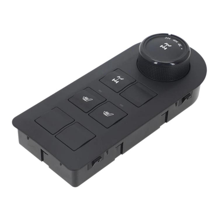 Car window switch panel with rotary dial, rocker buttons, and connector cutouts, black