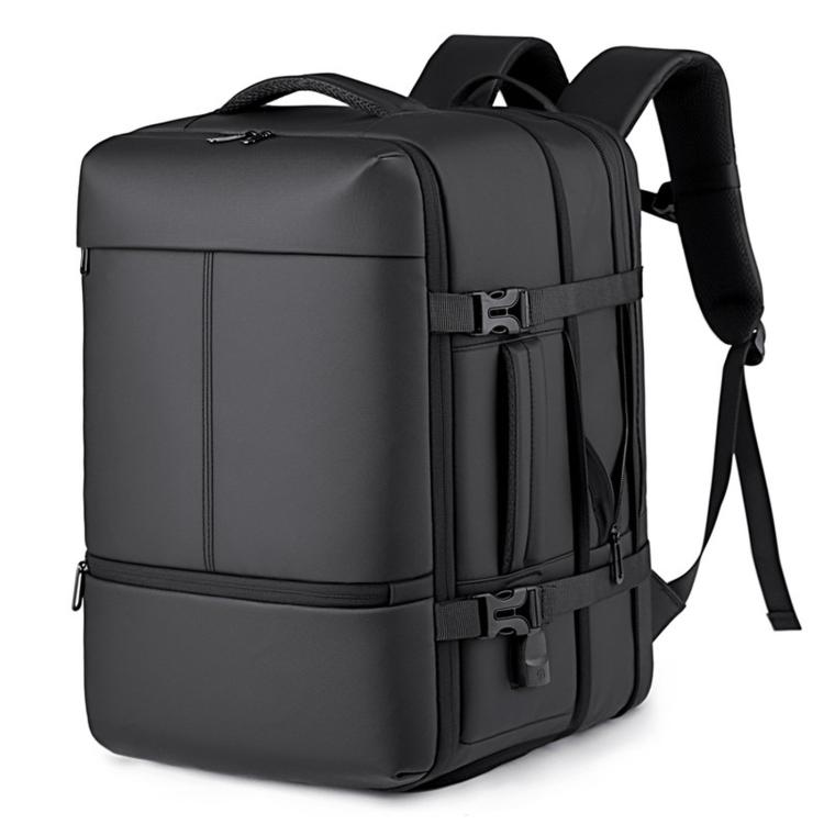 Black expandable waterproof travel backpack with top handle and front pockets