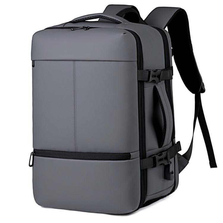 Gray expandable waterproof travel backpack with side straps and front buckles